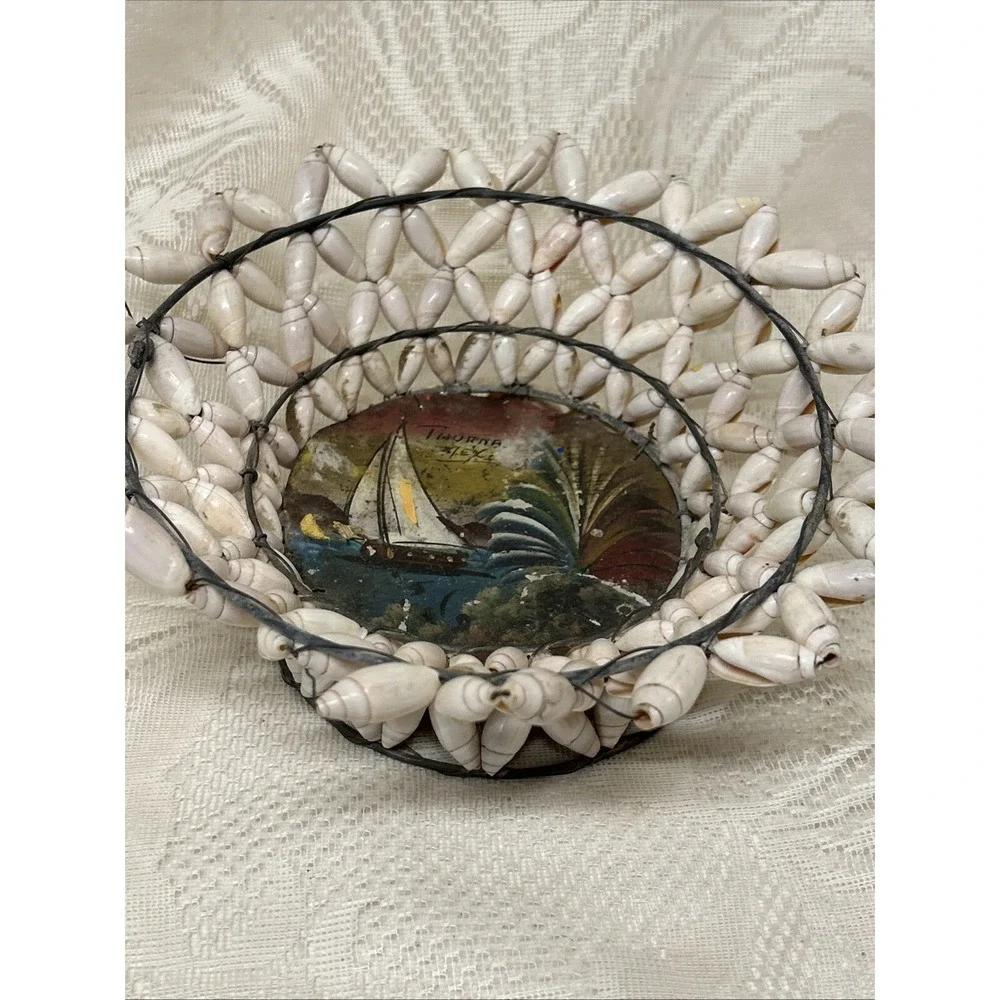 Vintage Antique Snail Shell Basket Souvenir Tijuana Mexico  Hand Painted‎ Metal